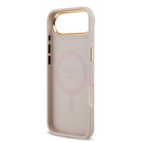 Apple iPhone 17 Air Kılıf Guess M-safe Şarj Özellikli Gold Metal Kamera Çerçeveli PU Deri 4G Desen Yazı Logolu Kapak Pembe
