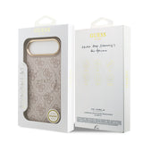 Apple iPhone 17 Air Kılıf Guess M-safe Şarj Özellikli Gold Metal Kamera Çerçeveli PU Deri 4G Desen Yazı Logolu Kapak Pembe