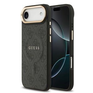 Apple iPhone 17 Air Kılıf Guess M-safe Şarj Özellikli Gold Metal Kamera Çerçeveli PU Deri 4G Desen Yazı Logolu Kapak Siyah
