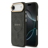 Apple iPhone 17 Air Kılıf Guess M-safe Şarj Özellikli Gold Metal Kamera Çerçeveli PU Deri 4G Desen Yazı Logolu Kapak Siyah