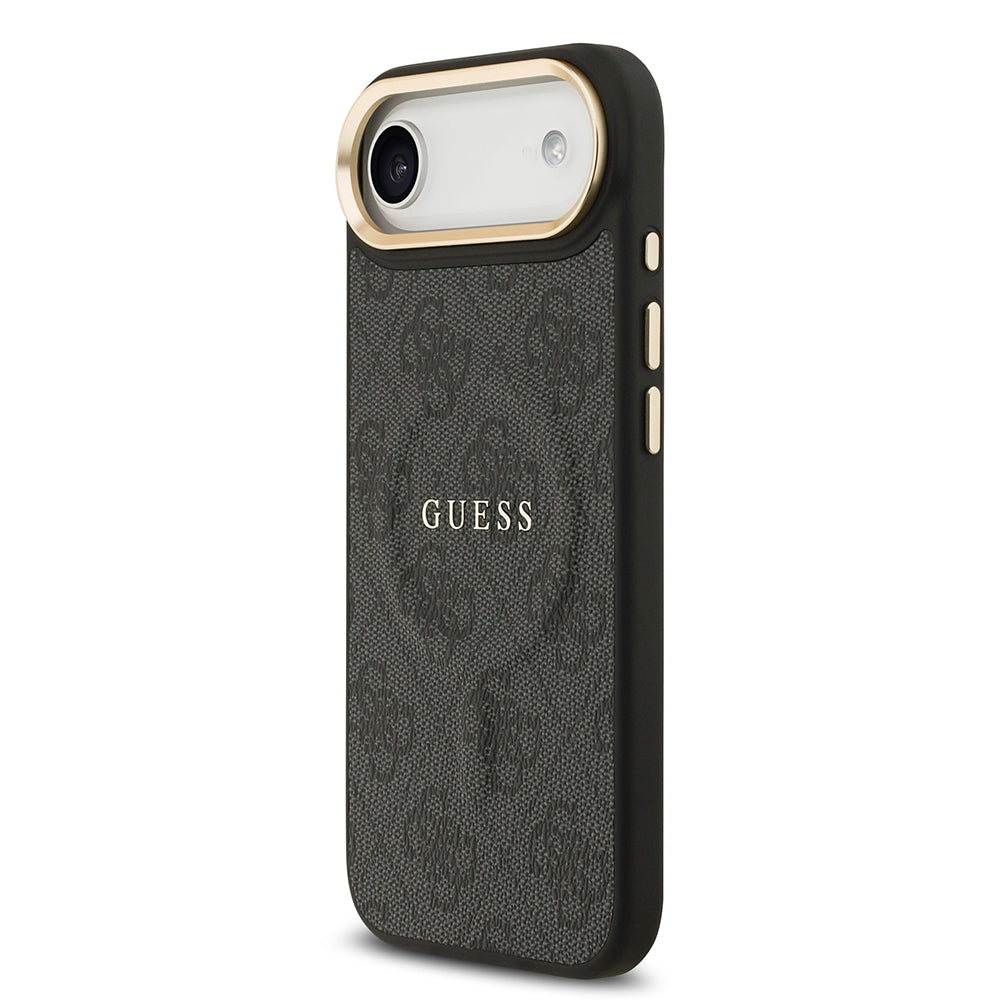 Apple iPhone 17 Air Kılıf Guess M-safe Şarj Özellikli Gold Metal Kamera Çerçeveli PU Deri 4G Desen Yazı Logolu Kapak Siyah