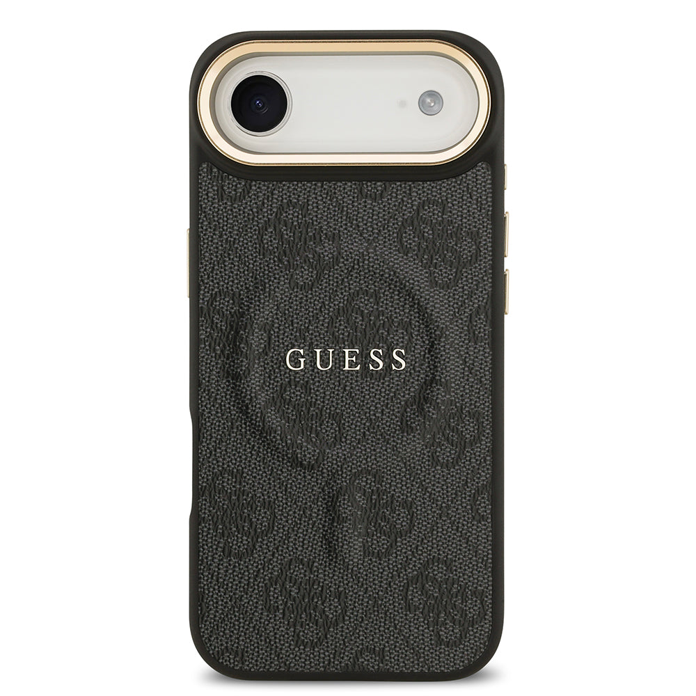 Apple iPhone 17 Air Kılıf Guess M-safe Şarj Özellikli Gold Metal Kamera Çerçeveli PU Deri 4G Desen Yazı Logolu Kapak Siyah