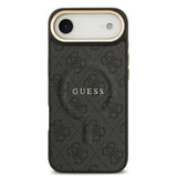 Apple iPhone 17 Air Kılıf Guess M-safe Şarj Özellikli Gold Metal Kamera Çerçeveli PU Deri 4G Desen Yazı Logolu Kapak Siyah