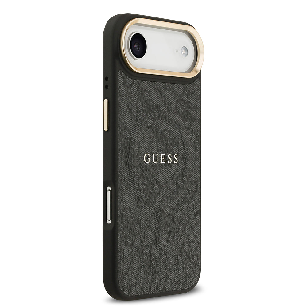 Apple iPhone 17 Air Kılıf Guess M-safe Şarj Özellikli Gold Metal Kamera Çerçeveli PU Deri 4G Desen Yazı Logolu Kapak Siyah