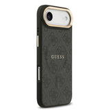 Apple iPhone 17 Air Kılıf Guess M-safe Şarj Özellikli Gold Metal Kamera Çerçeveli PU Deri 4G Desen Yazı Logolu Kapak Siyah