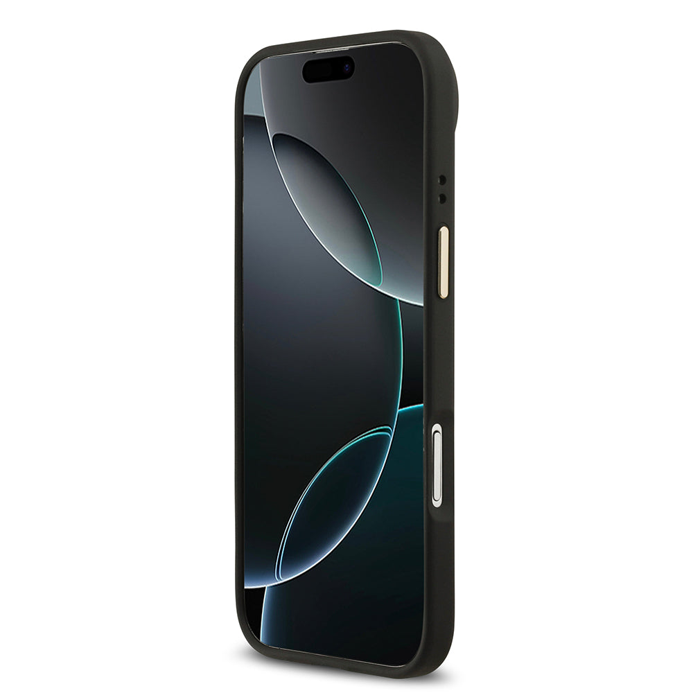 Apple iPhone 17 Air Kılıf Guess M-safe Şarj Özellikli Gold Metal Kamera Çerçeveli PU Deri 4G Desen Yazı Logolu Kapak Siyah