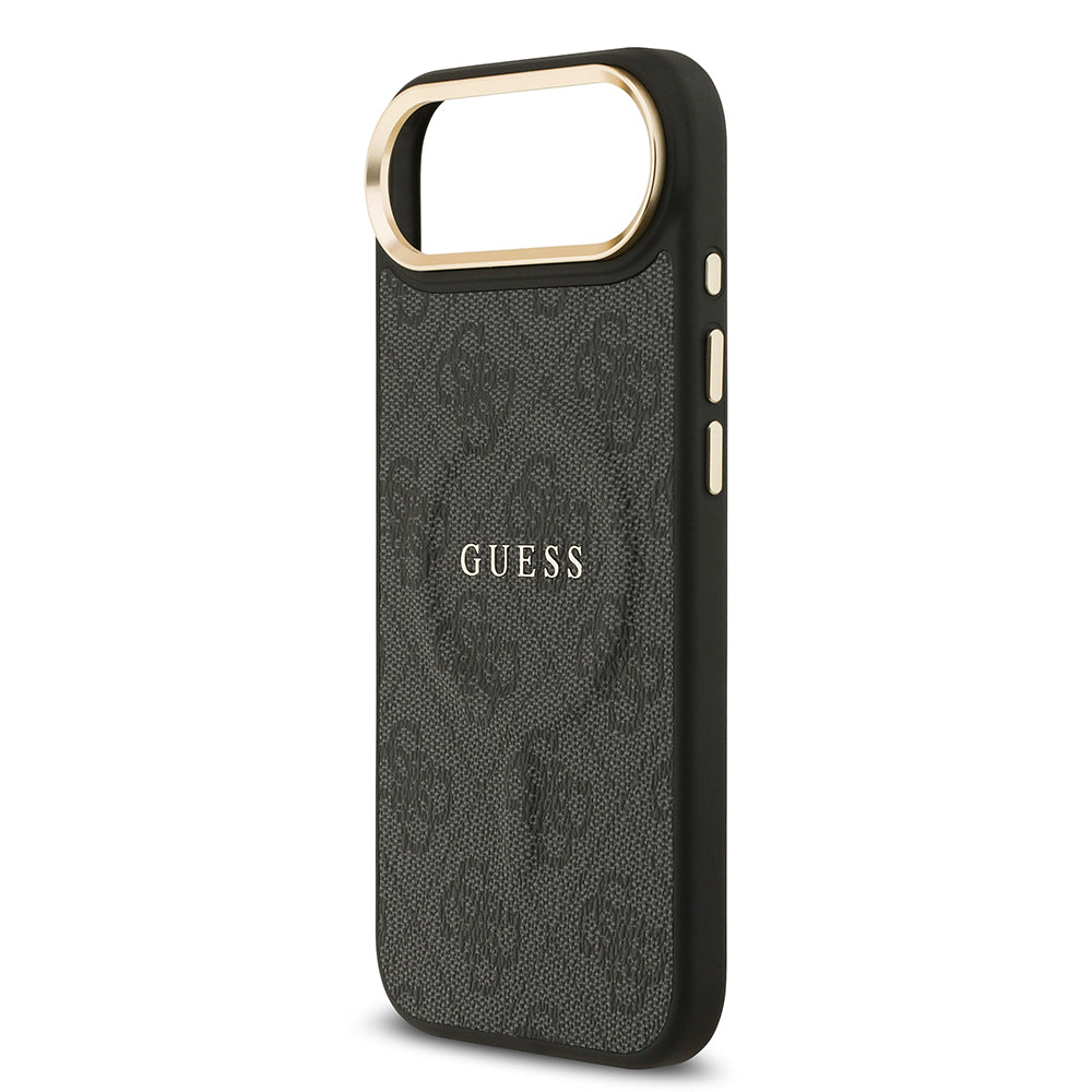Apple iPhone 17 Air Kılıf Guess M-safe Şarj Özellikli Gold Metal Kamera Çerçeveli PU Deri 4G Desen Yazı Logolu Kapak Siyah