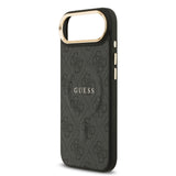 Apple iPhone 17 Air Kılıf Guess M-safe Şarj Özellikli Gold Metal Kamera Çerçeveli PU Deri 4G Desen Yazı Logolu Kapak Siyah