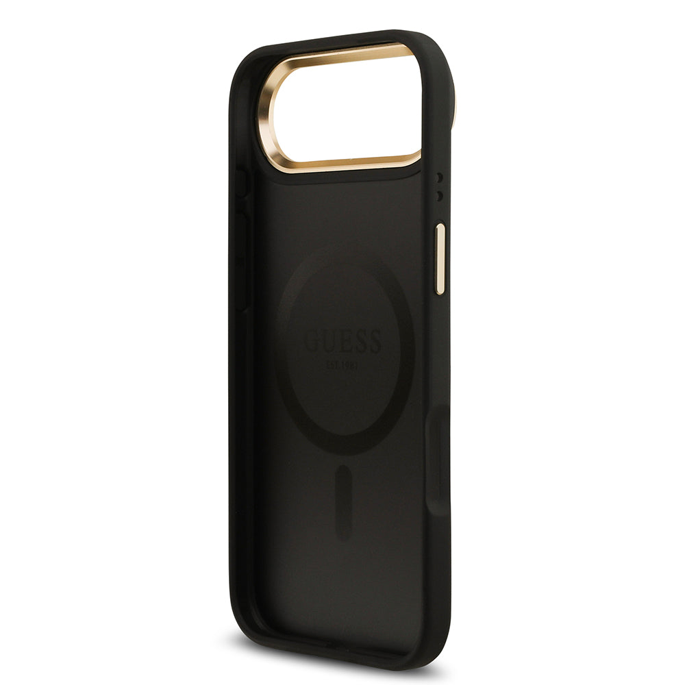 Apple iPhone 17 Air Kılıf Guess M-safe Şarj Özellikli Gold Metal Kamera Çerçeveli PU Deri 4G Desen Yazı Logolu Kapak Siyah