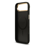 Apple iPhone 17 Air Kılıf Guess M-safe Şarj Özellikli Gold Metal Kamera Çerçeveli PU Deri 4G Desen Yazı Logolu Kapak Siyah