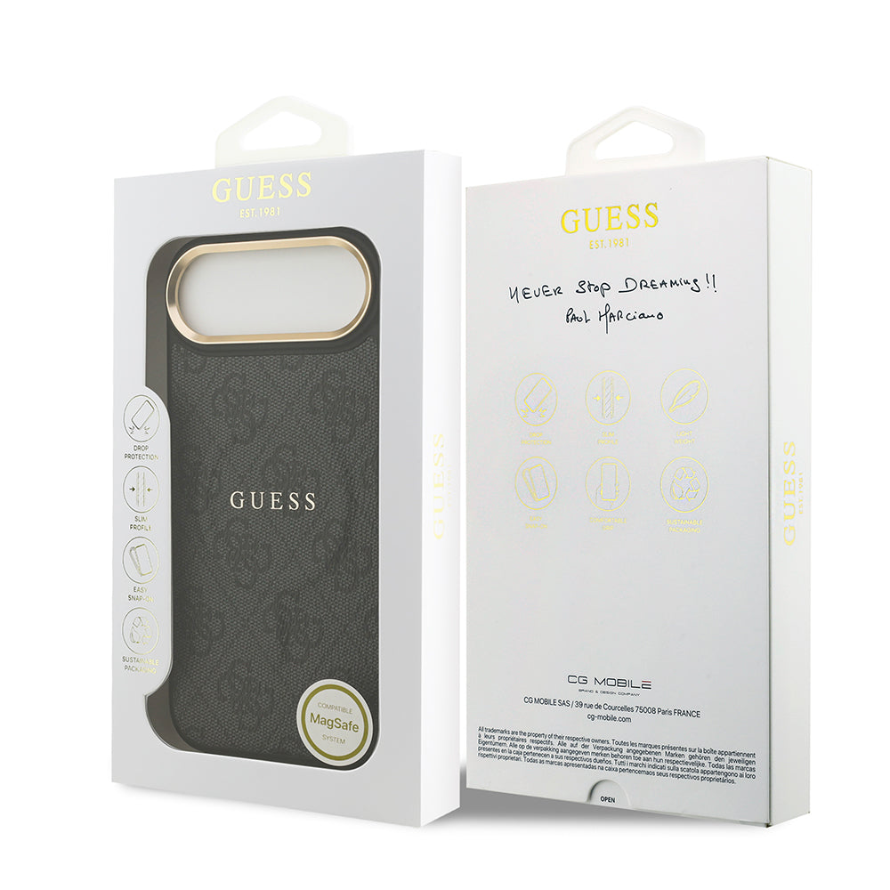 Apple iPhone 17 Air Kılıf Guess M-safe Şarj Özellikli Gold Metal Kamera Çerçeveli PU Deri 4G Desen Yazı Logolu Kapak Siyah