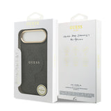 Apple iPhone 17 Air Kılıf Guess M-safe Şarj Özellikli Gold Metal Kamera Çerçeveli PU Deri 4G Desen Yazı Logolu Kapak Siyah