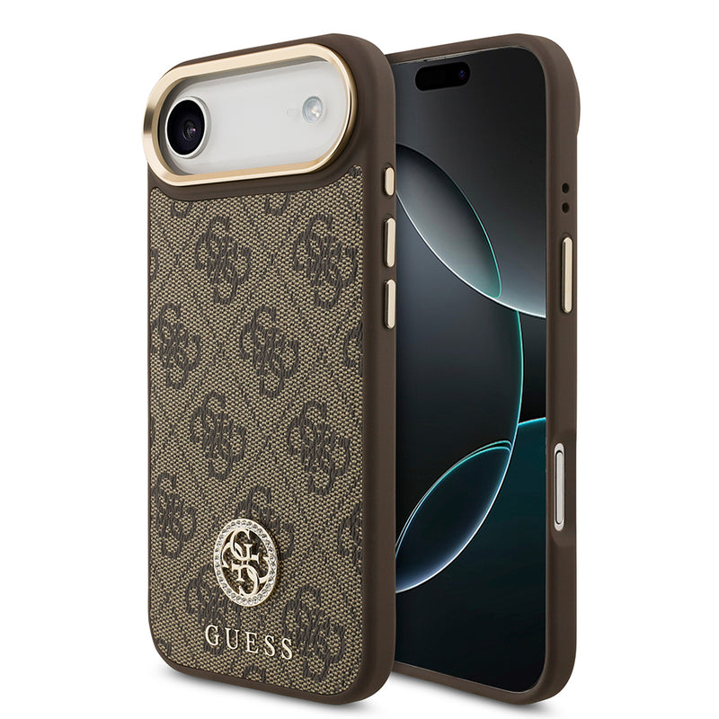 Apple iPhone 17 Air Kılıf Guess M-safe Şarj Özellikli Gold Metal Kamera Çerçeveli Taşlı 4G Logolu Kapak Kahverengi