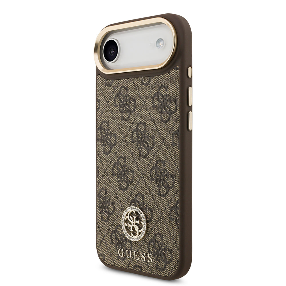 Apple iPhone 17 Air Kılıf Guess M-safe Şarj Özellikli Gold Metal Kamera Çerçeveli Taşlı 4G Logolu Kapak Kahverengi