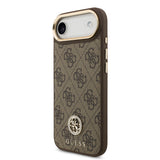 Apple iPhone 17 Air Kılıf Guess M-safe Şarj Özellikli Gold Metal Kamera Çerçeveli Taşlı 4G Logolu Kapak Kahverengi