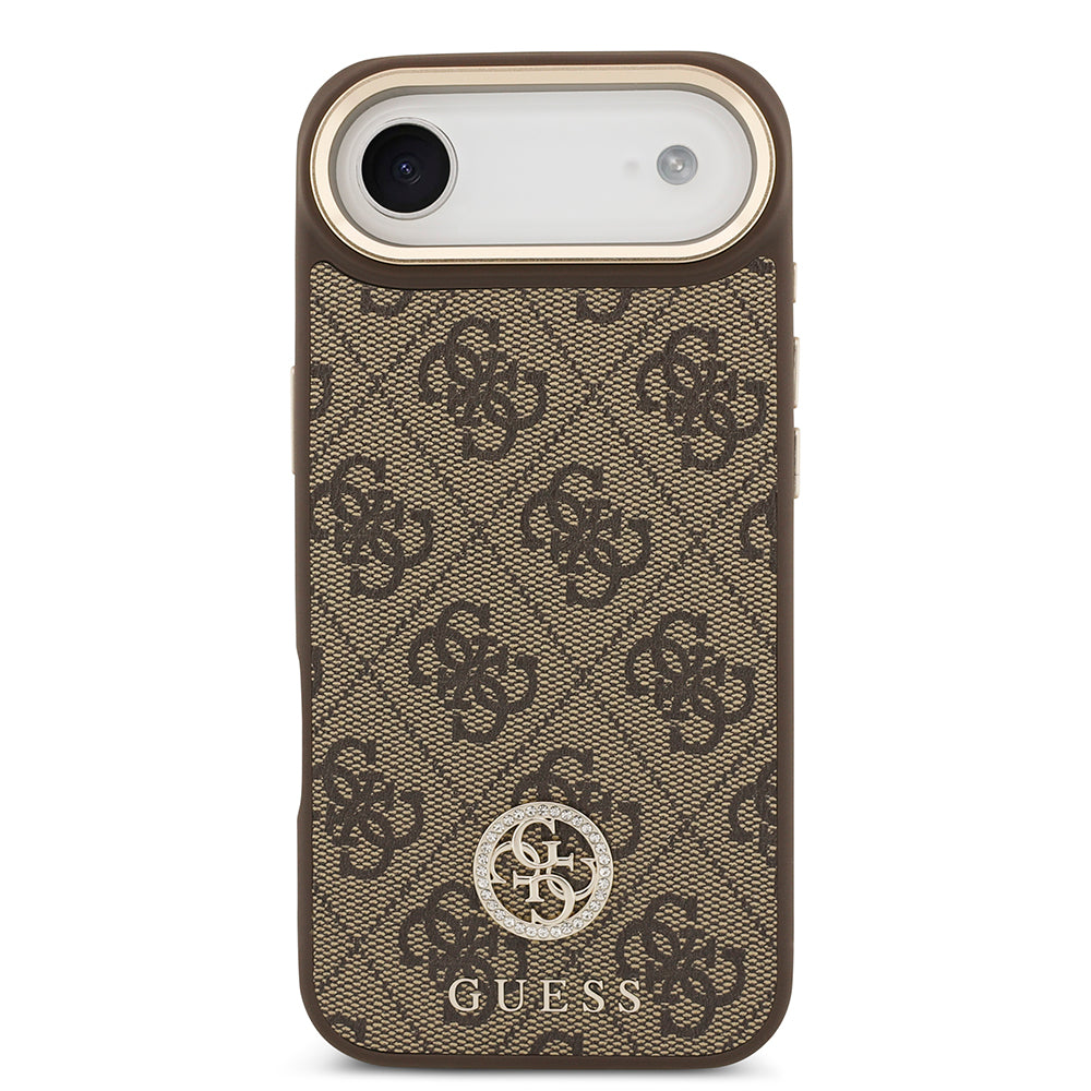 Apple iPhone 17 Air Kılıf Guess M-safe Şarj Özellikli Gold Metal Kamera Çerçeveli Taşlı 4G Logolu Kapak Kahverengi