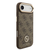 Apple iPhone 17 Air Kılıf Guess M-safe Şarj Özellikli Gold Metal Kamera Çerçeveli Taşlı 4G Logolu Kapak Kahverengi