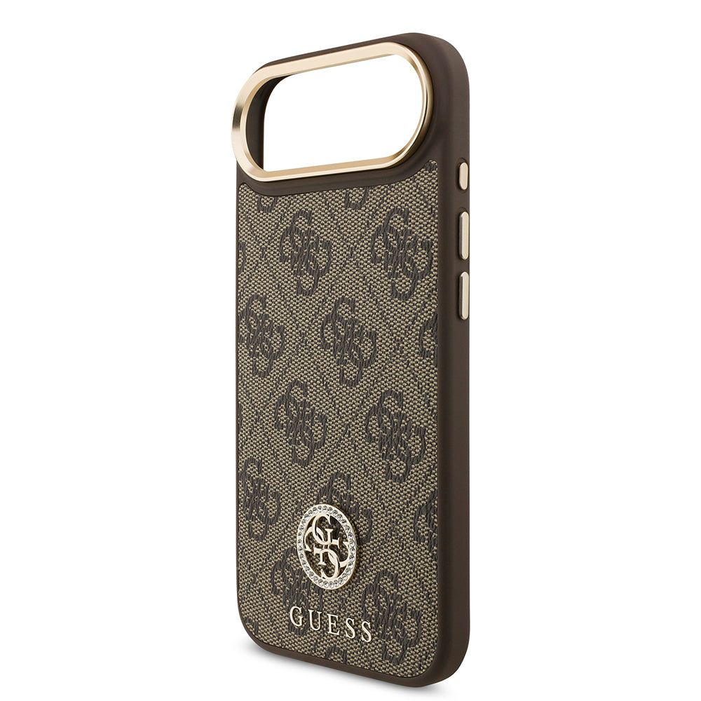 Apple iPhone 17 Air Kılıf Guess M-safe Şarj Özellikli Gold Metal Kamera Çerçeveli Taşlı 4G Logolu Kapak Kahverengi