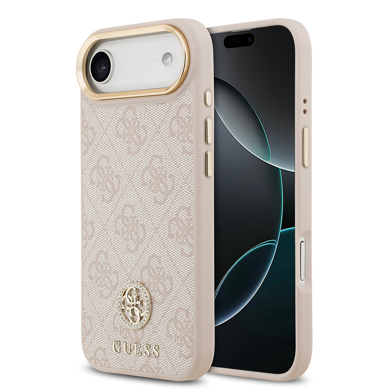 Apple iPhone 17 Air Kılıf Guess M-safe Şarj Özellikli Gold Metal Kamera Çerçeveli Taşlı 4G Logolu Kapak Pembe