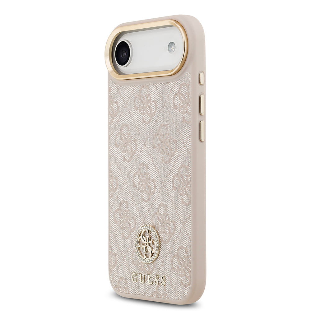 Apple iPhone 17 Air Kılıf Guess M-safe Şarj Özellikli Gold Metal Kamera Çerçeveli Taşlı 4G Logolu Kapak Pembe