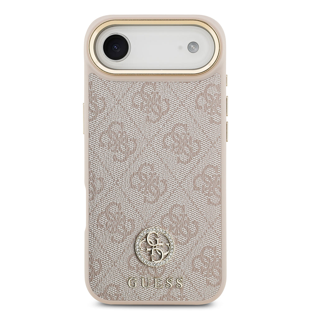 Apple iPhone 17 Air Kılıf Guess M-safe Şarj Özellikli Gold Metal Kamera Çerçeveli Taşlı 4G Logolu Kapak Pembe