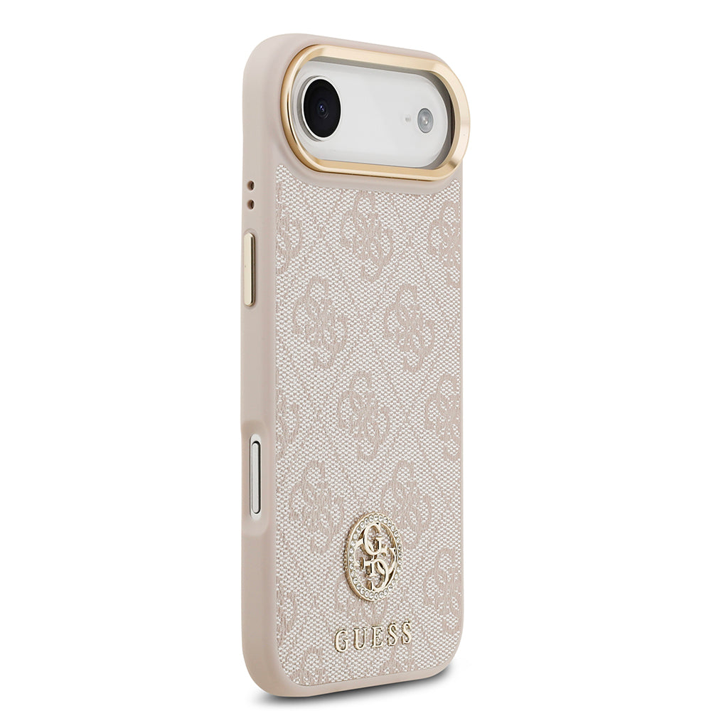Apple iPhone 17 Air Kılıf Guess M-safe Şarj Özellikli Gold Metal Kamera Çerçeveli Taşlı 4G Logolu Kapak Pembe