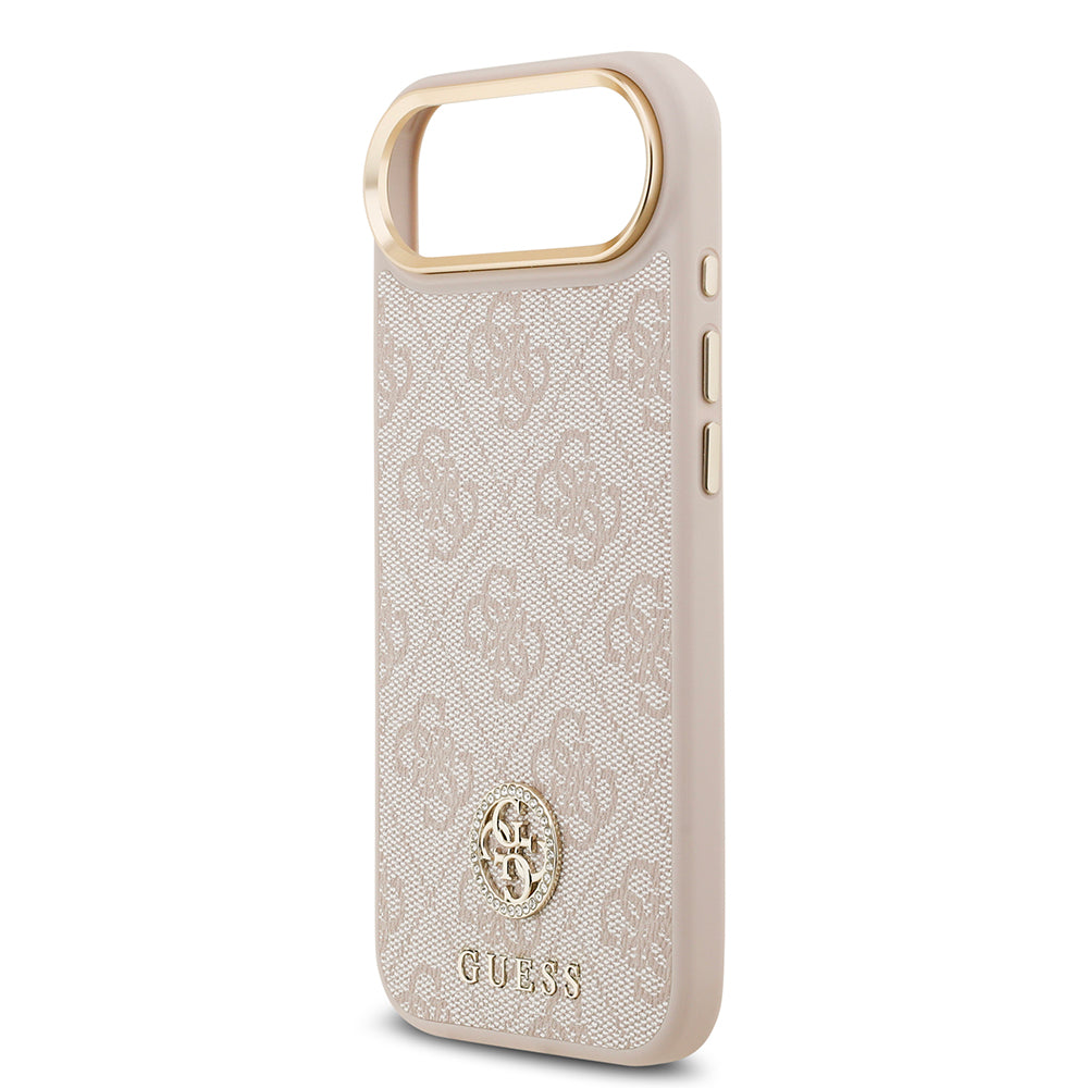 Apple iPhone 17 Air Kılıf Guess M-safe Şarj Özellikli Gold Metal Kamera Çerçeveli Taşlı 4G Logolu Kapak Pembe