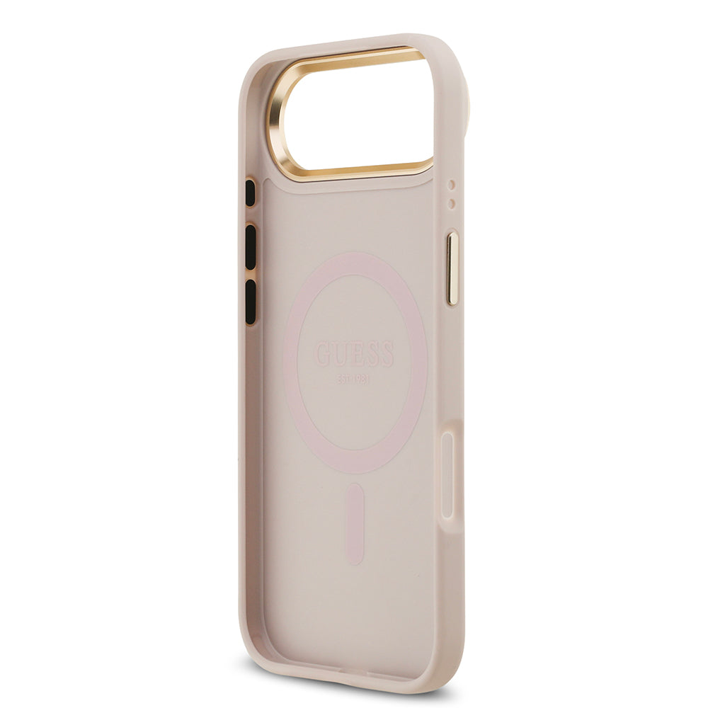 Apple iPhone 17 Air Kılıf Guess M-safe Şarj Özellikli Gold Metal Kamera Çerçeveli Taşlı 4G Logolu Kapak Pembe