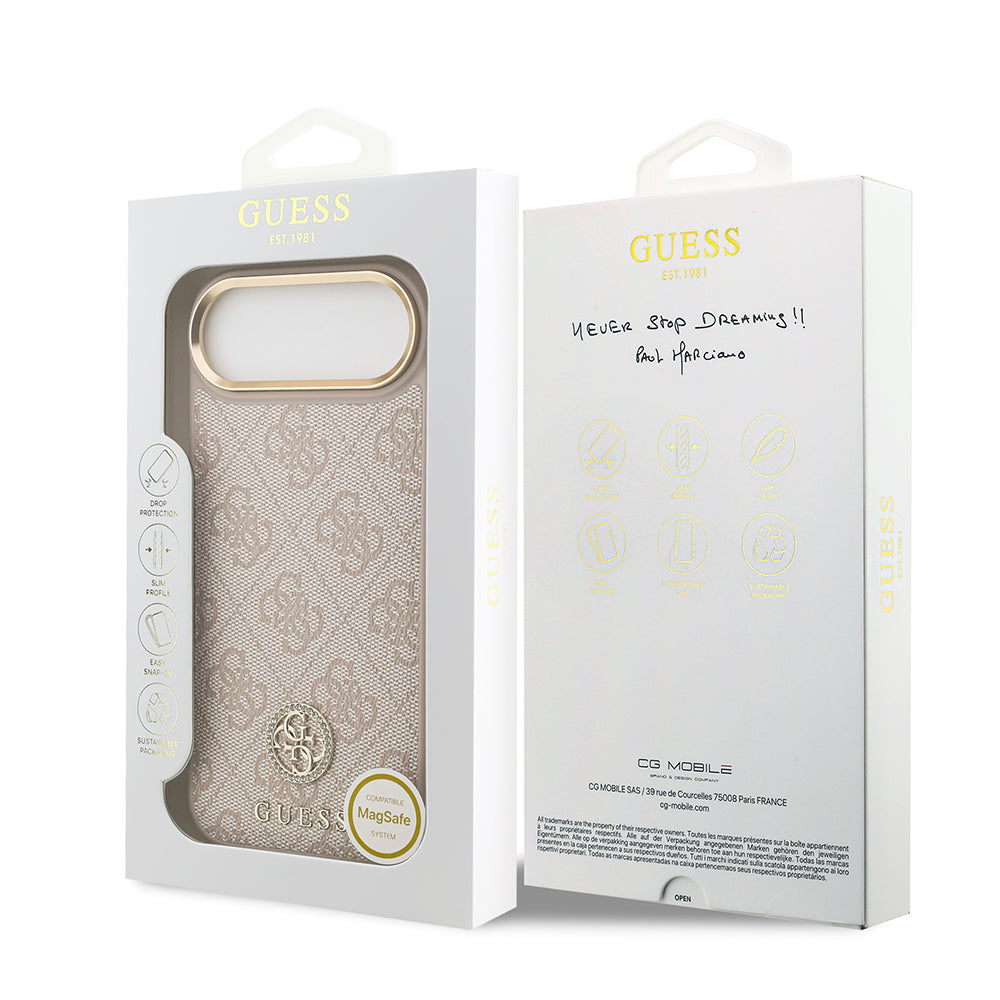 Apple iPhone 17 Air Kılıf Guess M-safe Şarj Özellikli Gold Metal Kamera Çerçeveli Taşlı 4G Logolu Kapak Pembe