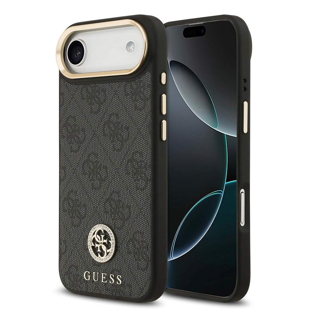 Apple iPhone 17 Air Kılıf Guess M-safe Şarj Özellikli Gold Metal Kamera Çerçeveli Taşlı 4G Logolu Kapak Siyah