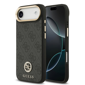 Apple iPhone 17 Air Kılıf Guess M-safe Şarj Özellikli Gold Metal Kamera Çerçeveli Taşlı 4G Logolu Kapak Siyah