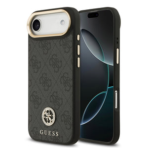 Apple iPhone 17 Air Kılıf Guess M-safe Şarj Özellikli Gold Metal Kamera Çerçeveli Taşlı 4G Logolu Kapak Siyah
