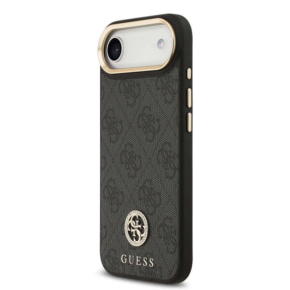 Apple iPhone 17 Air Kılıf Guess M-safe Şarj Özellikli Gold Metal Kamera Çerçeveli Taşlı 4G Logolu Kapak Siyah