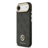 Apple iPhone 17 Air Kılıf Guess M-safe Şarj Özellikli Gold Metal Kamera Çerçeveli Taşlı 4G Logolu Kapak Siyah