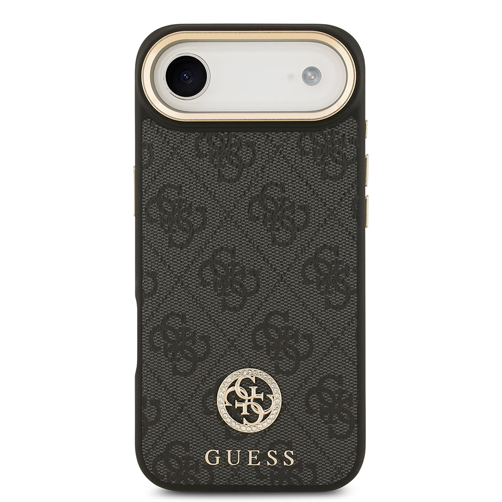 Apple iPhone 17 Air Kılıf Guess M-safe Şarj Özellikli Gold Metal Kamera Çerçeveli Taşlı 4G Logolu Kapak Siyah