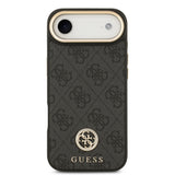 Apple iPhone 17 Air Kılıf Guess M-safe Şarj Özellikli Gold Metal Kamera Çerçeveli Taşlı 4G Logolu Kapak Siyah