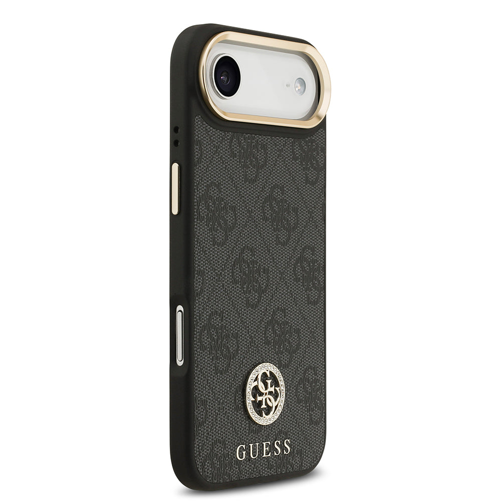 Apple iPhone 17 Air Kılıf Guess M-safe Şarj Özellikli Gold Metal Kamera Çerçeveli Taşlı 4G Logolu Kapak Siyah
