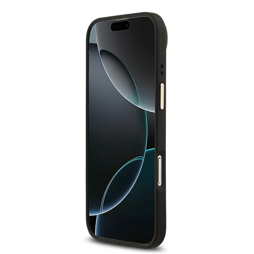 Apple iPhone 17 Air Kılıf Guess M-safe Şarj Özellikli Gold Metal Kamera Çerçeveli Taşlı 4G Logolu Kapak Siyah