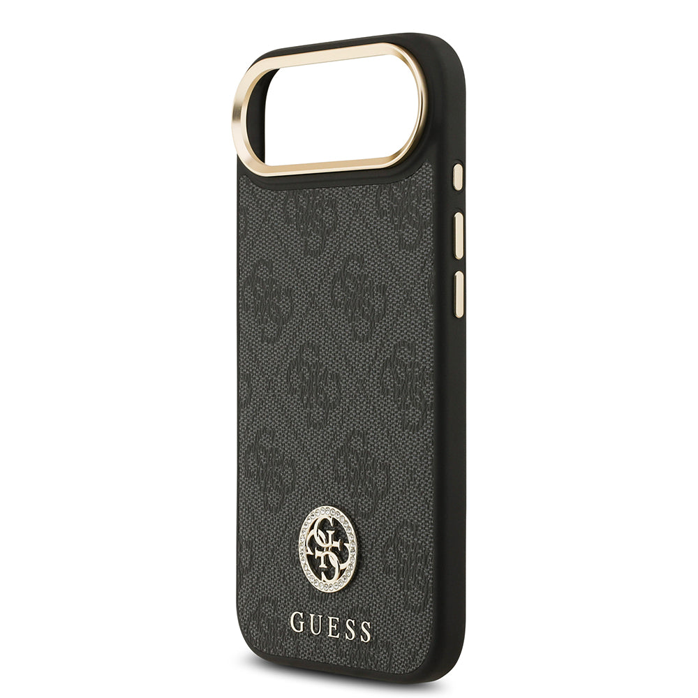 Apple iPhone 17 Air Kılıf Guess M-safe Şarj Özellikli Gold Metal Kamera Çerçeveli Taşlı 4G Logolu Kapak Siyah