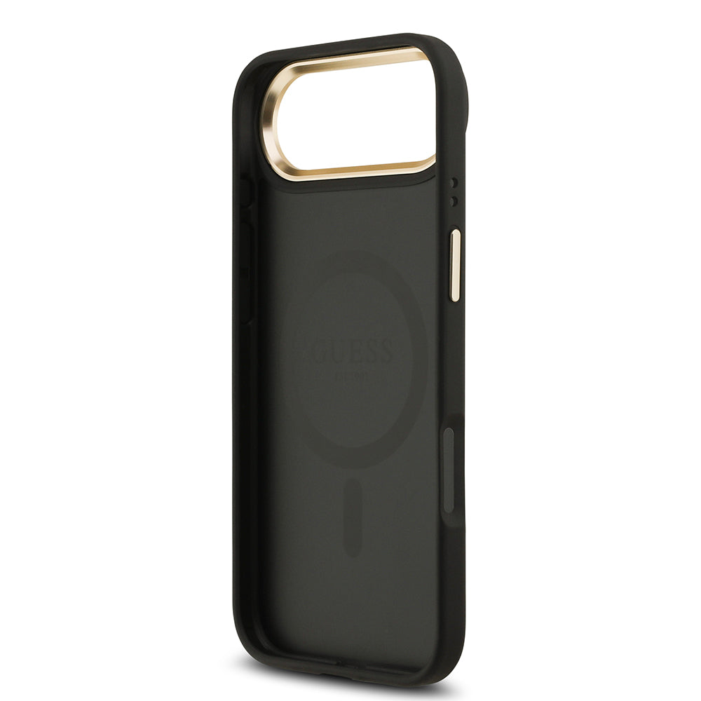 Apple iPhone 17 Air Kılıf Guess M-safe Şarj Özellikli Gold Metal Kamera Çerçeveli Taşlı 4G Logolu Kapak Siyah