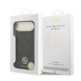 Apple iPhone 17 Air Kılıf Guess M-safe Şarj Özellikli Gold Metal Kamera Çerçeveli Taşlı 4G Logolu Kapak Siyah