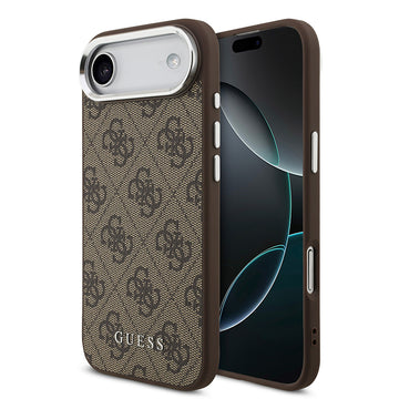 Apple iPhone 17 Air Kılıf Guess M-safe Şarj Özellikli Gümüş Çerçeve ve Butonlu Klasik Yazı Logolu Kapak Kahverengi