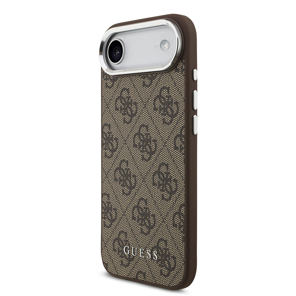 Apple iPhone 17 Air Kılıf Guess M-safe Şarj Özellikli Gümüş Çerçeve ve Butonlu Klasik Yazı Logolu Kapak Kahverengi