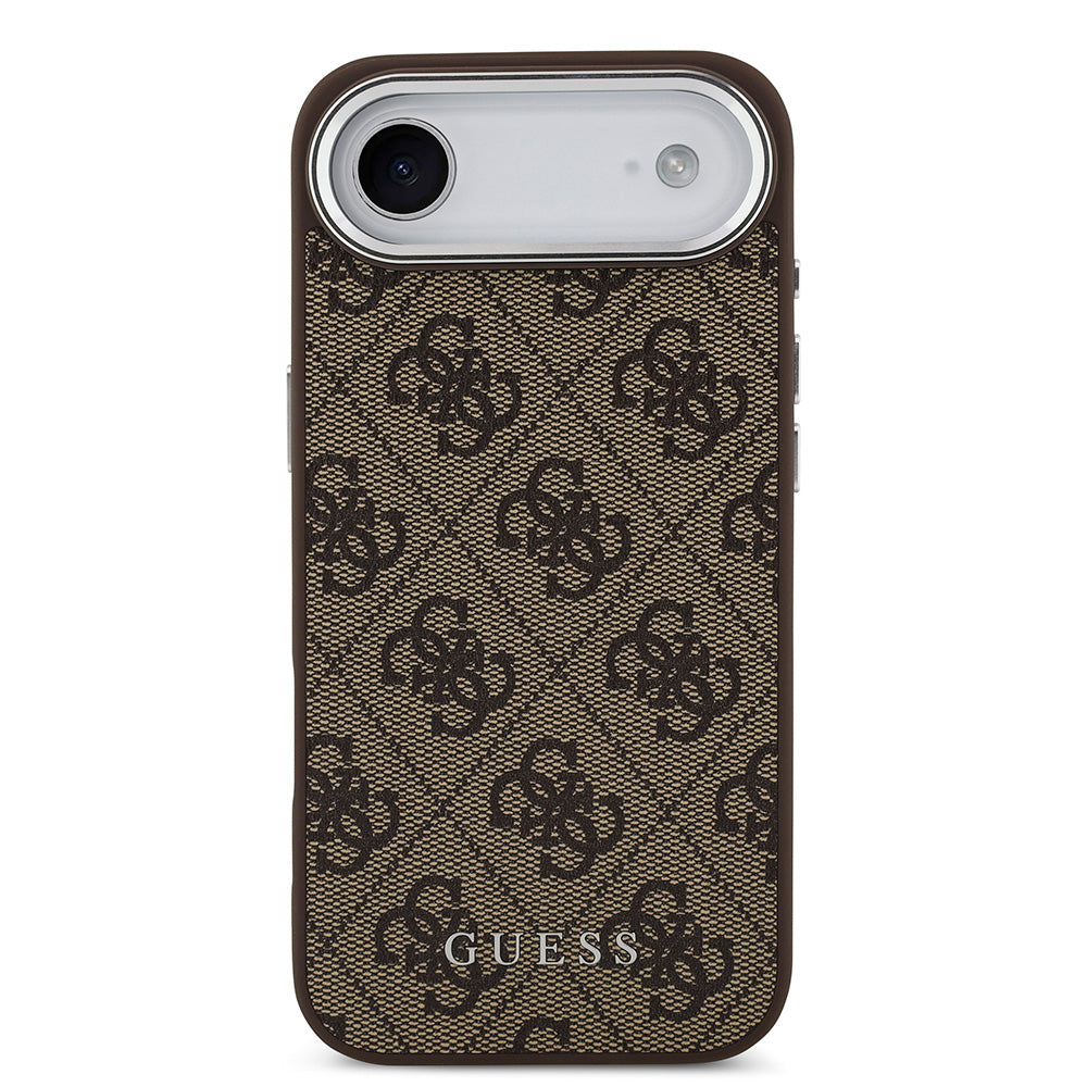 Apple iPhone 17 Air Kılıf Guess M-safe Şarj Özellikli Gümüş Çerçeve ve Butonlu Klasik Yazı Logolu Kapak Kahverengi