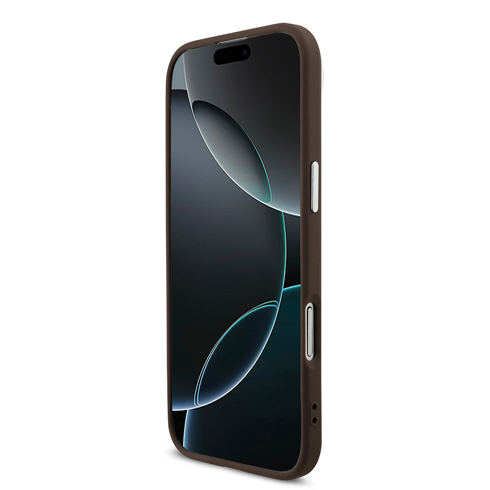 Apple iPhone 17 Air Kılıf Guess M-safe Şarj Özellikli Gümüş Çerçeve ve Butonlu Klasik Yazı Logolu Kapak Kahverengi