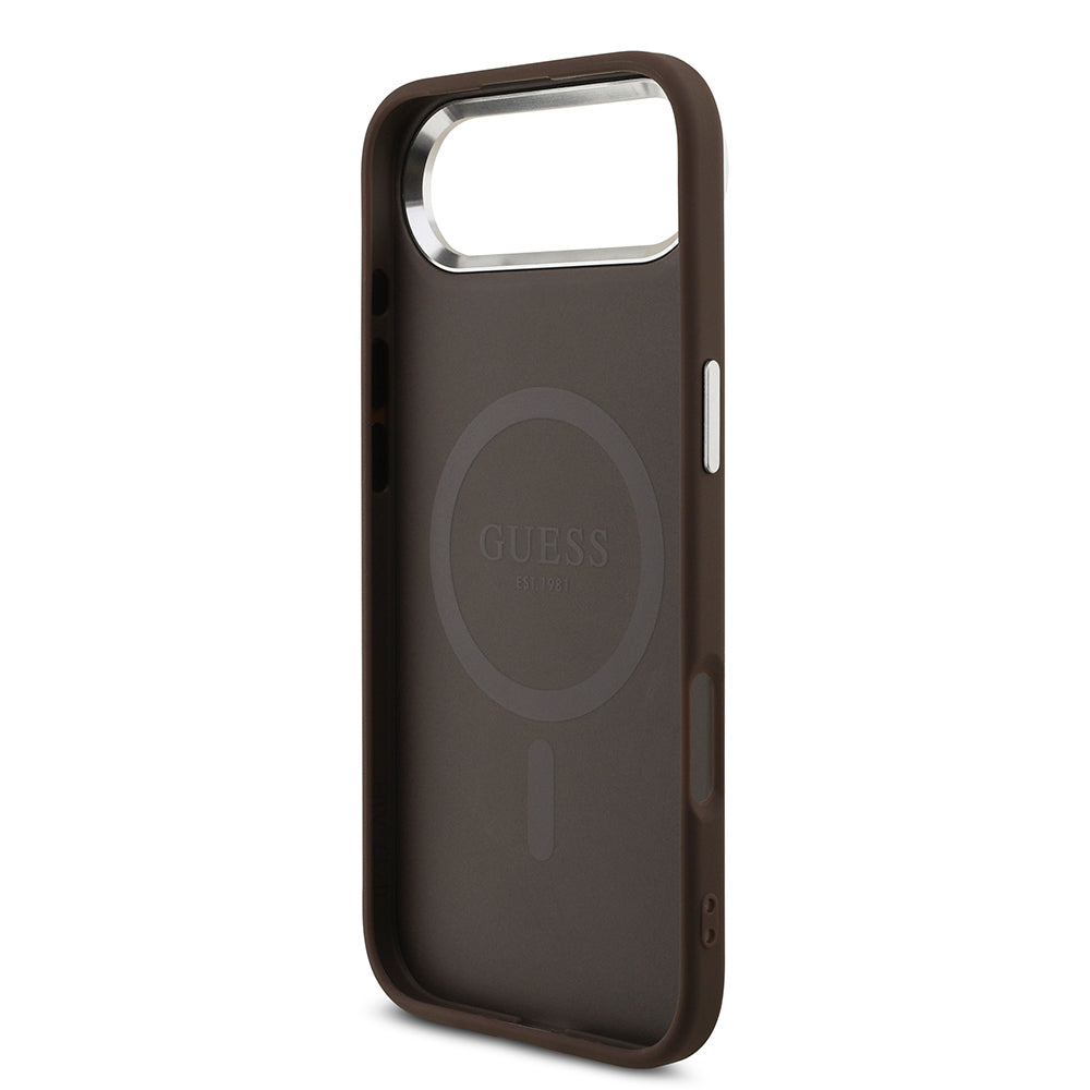 Apple iPhone 17 Air Kılıf Guess M-safe Şarj Özellikli Gümüş Çerçeve ve Butonlu Klasik Yazı Logolu Kapak Kahverengi