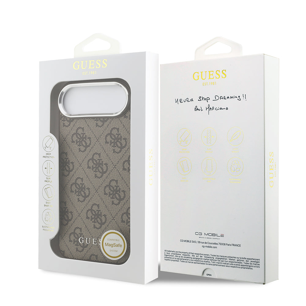 Apple iPhone 17 Air Kılıf Guess M-safe Şarj Özellikli Gümüş Çerçeve ve Butonlu Klasik Yazı Logolu Kapak Kahverengi