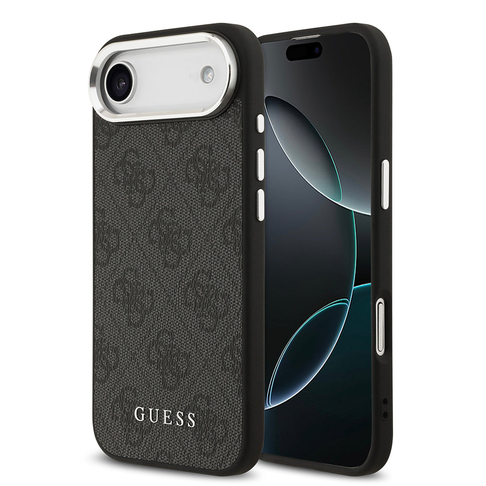 Apple iPhone 17 Air Kılıf Guess M-safe Şarj Özellikli Gümüş Çerçeve ve Butonlu Klasik Yazı Logolu Kapak Siyah
