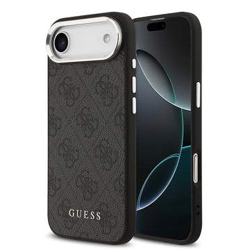 Apple iPhone 17 Air Kılıf Guess M-safe Şarj Özellikli Gümüş Çerçeve ve Butonlu Klasik Yazı Logolu Kapak Siyah
