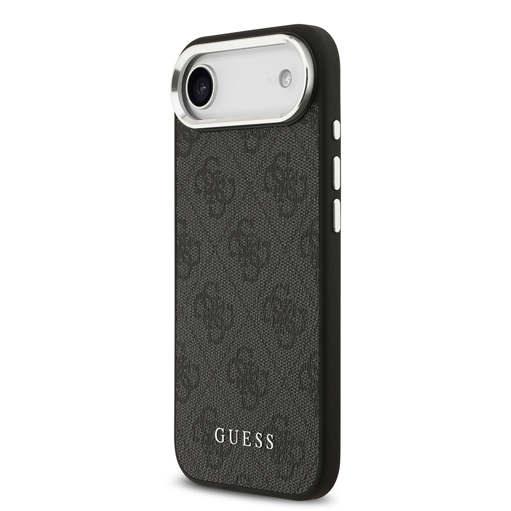 Apple iPhone 17 Air Kılıf Guess M-safe Şarj Özellikli Gümüş Çerçeve ve Butonlu Klasik Yazı Logolu Kapak Siyah
